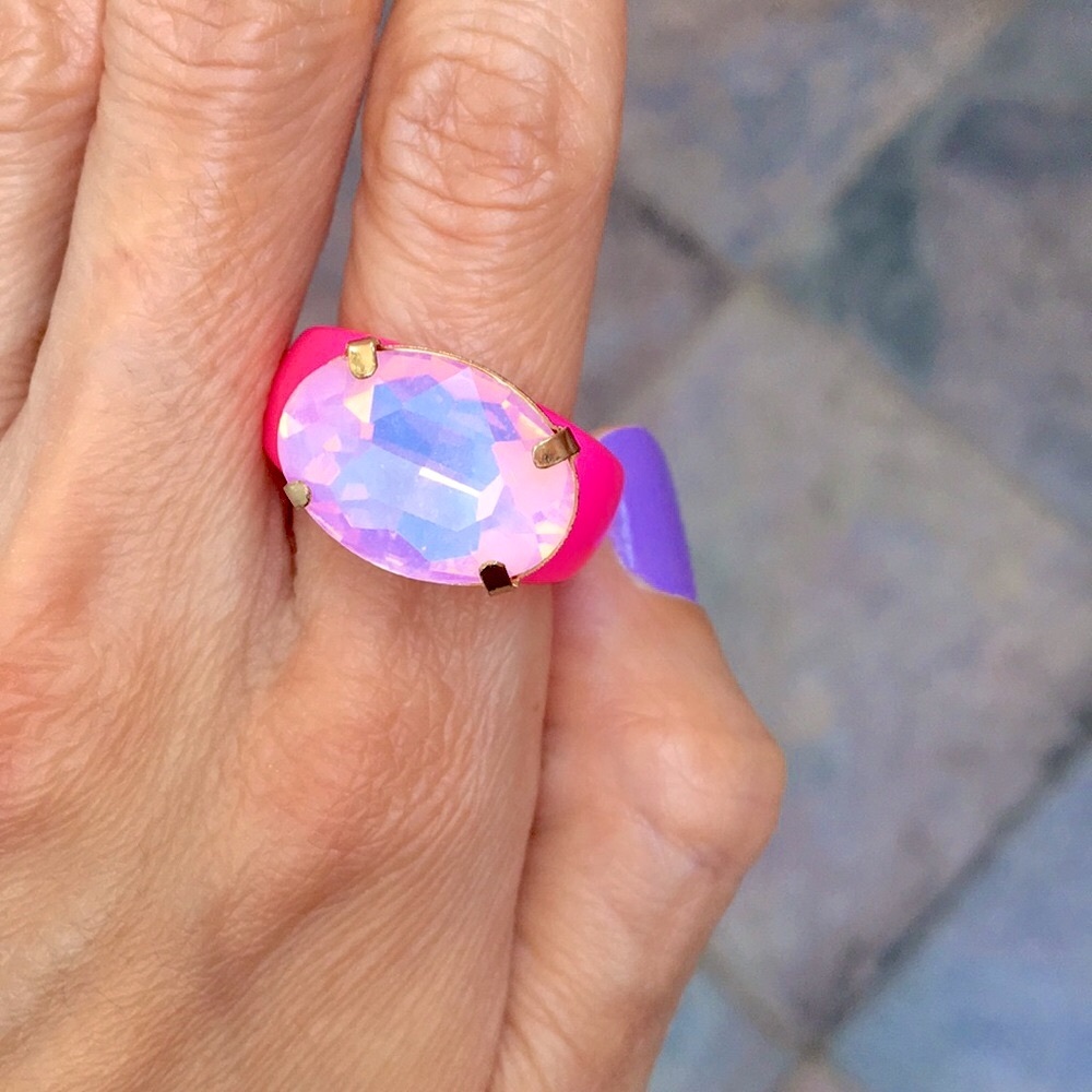 Lilac Pink Opal Oval Aurora Borealis Crystal + Hot Pink Ring - Picture 3 of 16